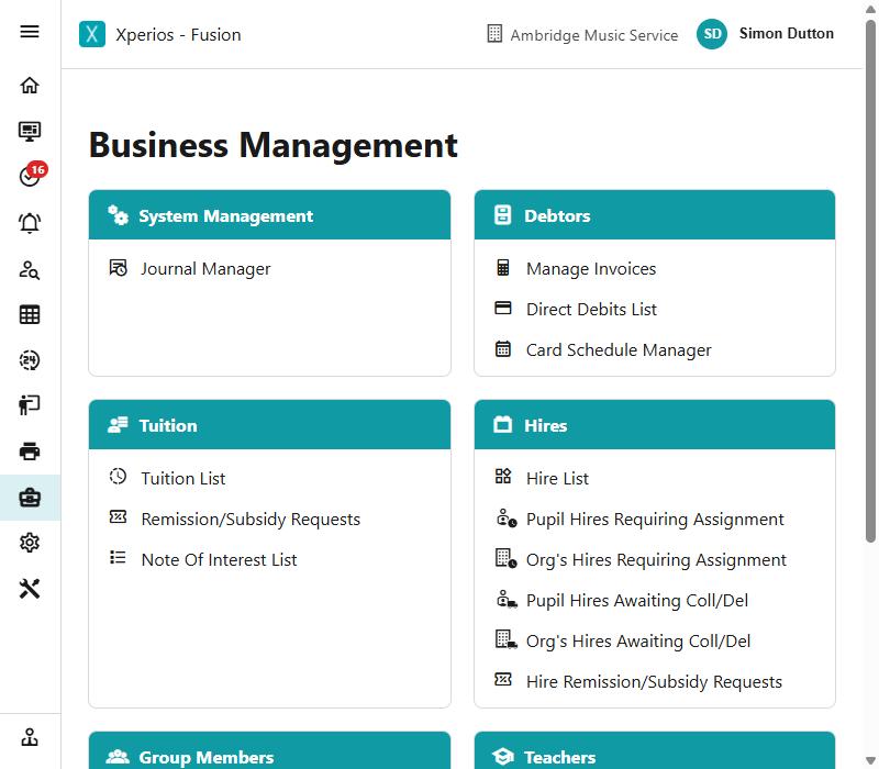 The Business Management menu, with its sections laid out as cards