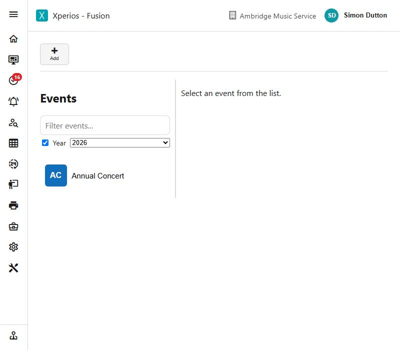 The Events record card, with the year filter above the list