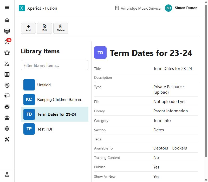 A library item open, showing its title, type, library, category, section and who it is available to