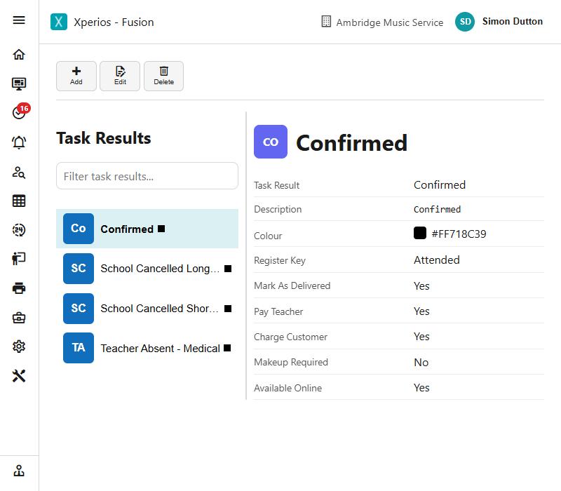 A record card: the list of task results on the left, the chosen one shown on the right