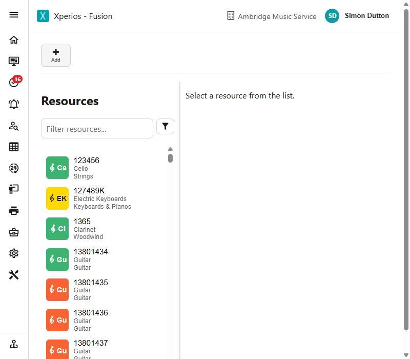 A list of resources, each a coloured tile — the colour showing whether the instrument is in stock, out or unavailable