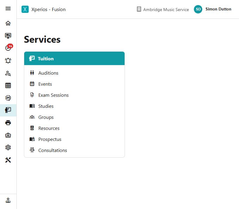 The Services menu, listing Tuition, Auditions, Events, Exam Sessions, Studies, Groups, Resources, Prospectus and Consultations