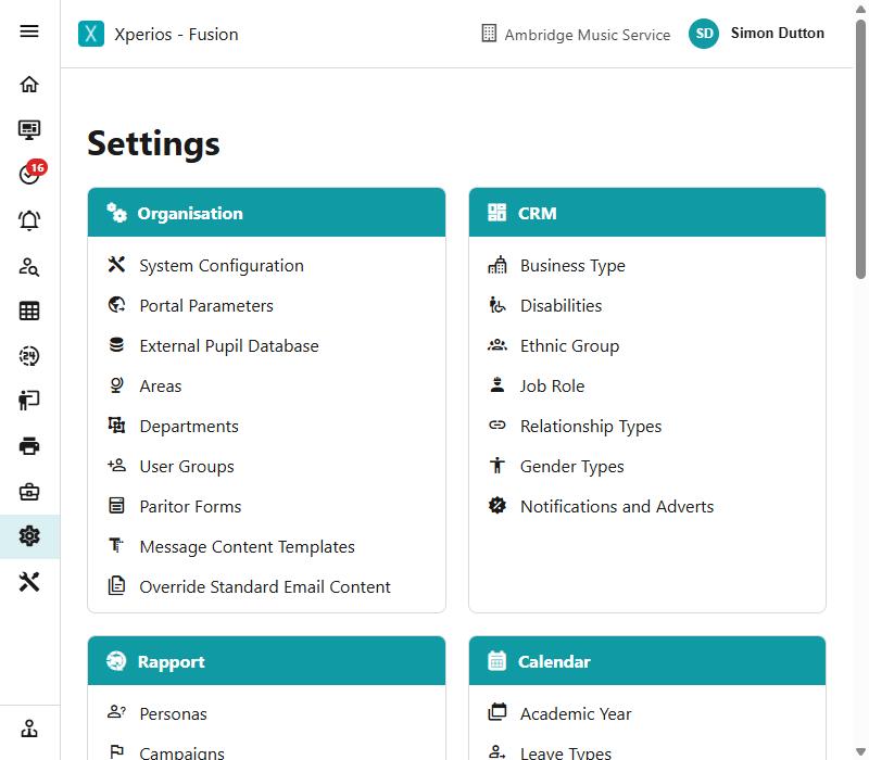 The Settings menu, with its sections laid out as cards