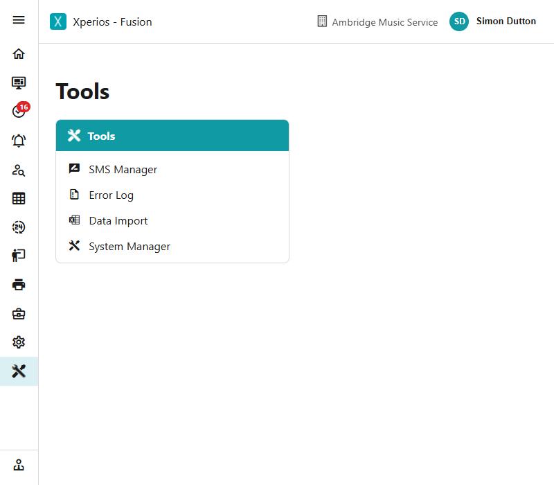 The Tools menu: SMS Manager, Error Log, Data Import and System Manager