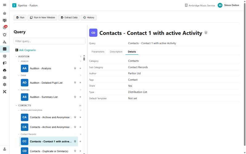 A query's Details tab showing Type set to Distribution List