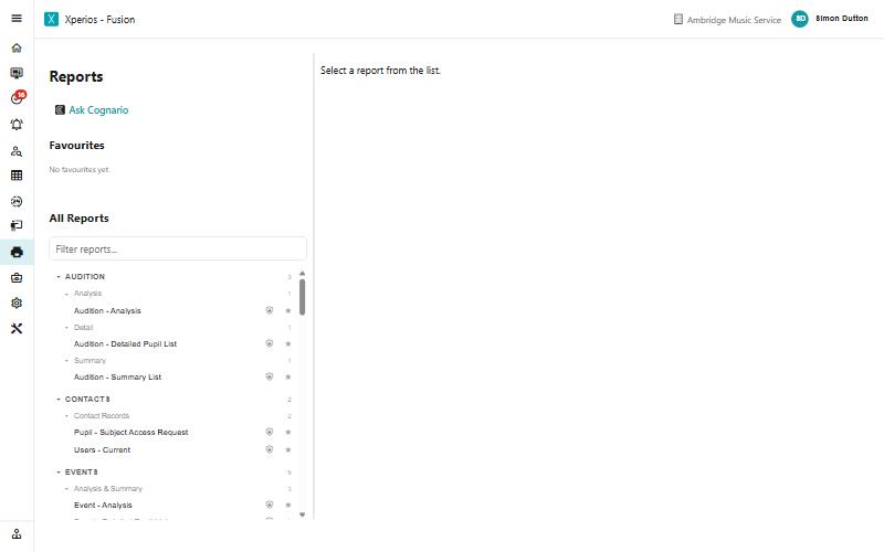 The Reports list, with Favourites above All Reports and a filter box