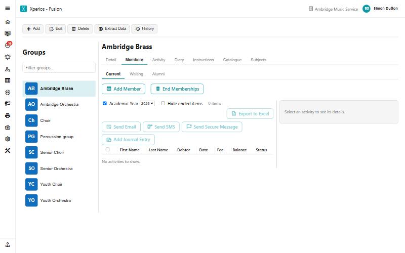 A group's Members tab showing Current, Waiting and Alumni, with no items