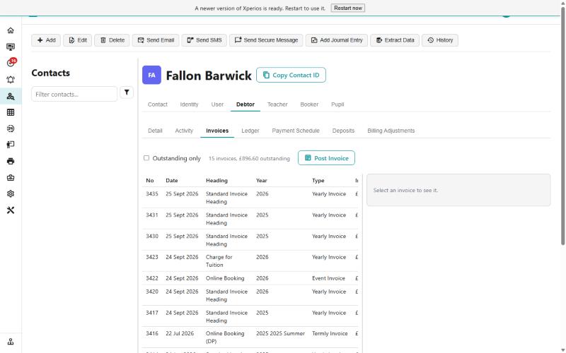 A payer's Debtor tab on Invoices, listing fifteen invoices with a running outstanding total
