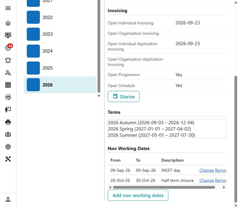 The Non Working Dates list on an academic year, with Add non-working dates beneath it