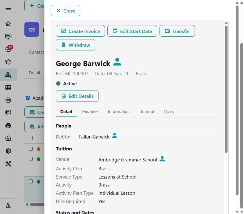 An active tuition showing its actions - Create Invoice, Edit Start Date, Transfer and Withdraw