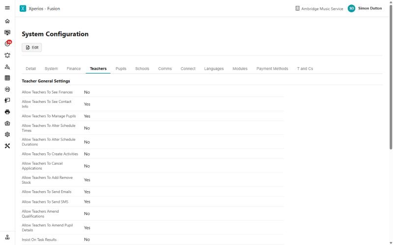 System Configuration, Teachers tab, listing the Allow Teachers To settings